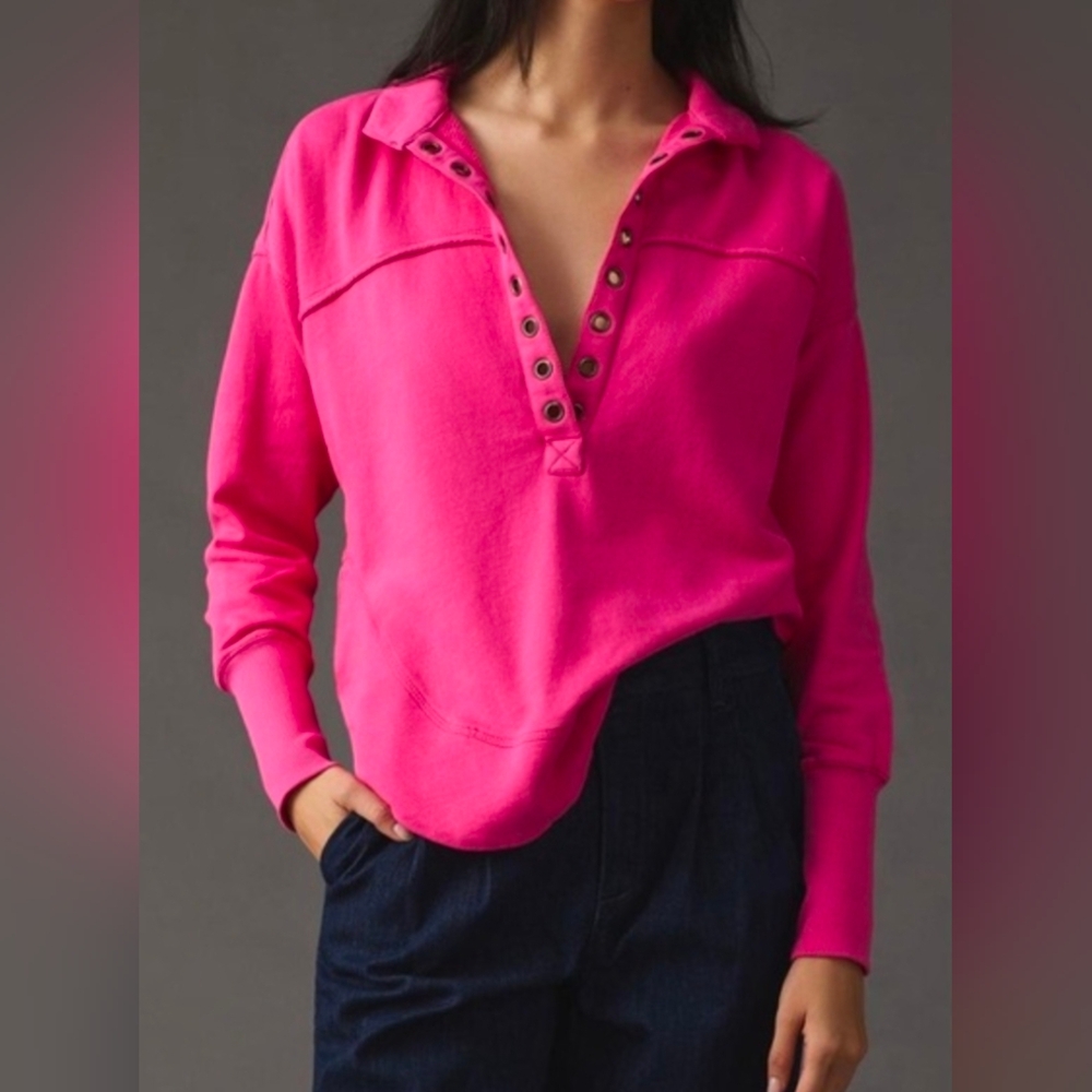 Pilcro Hot Pink Eyelet Popover Sweatshirt